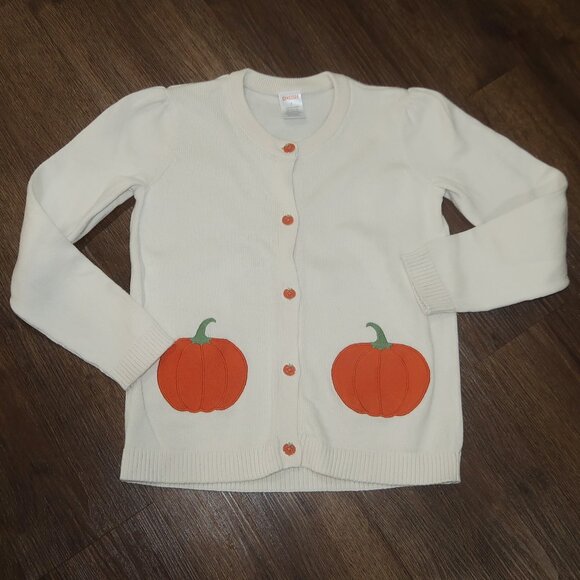 Girls Gymboree Creamy White Orange Pumpkin Fall Cardigan Sweater 100% Cotton 7 - Picture 1 of 4